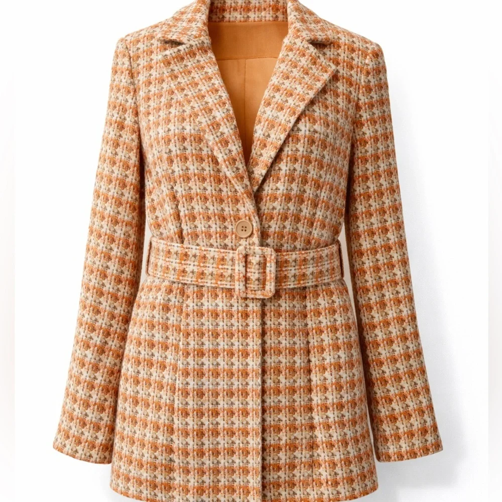 Venti6 Italy Tweed Belted Jacket Orange Cream Boucle Coat Womens M